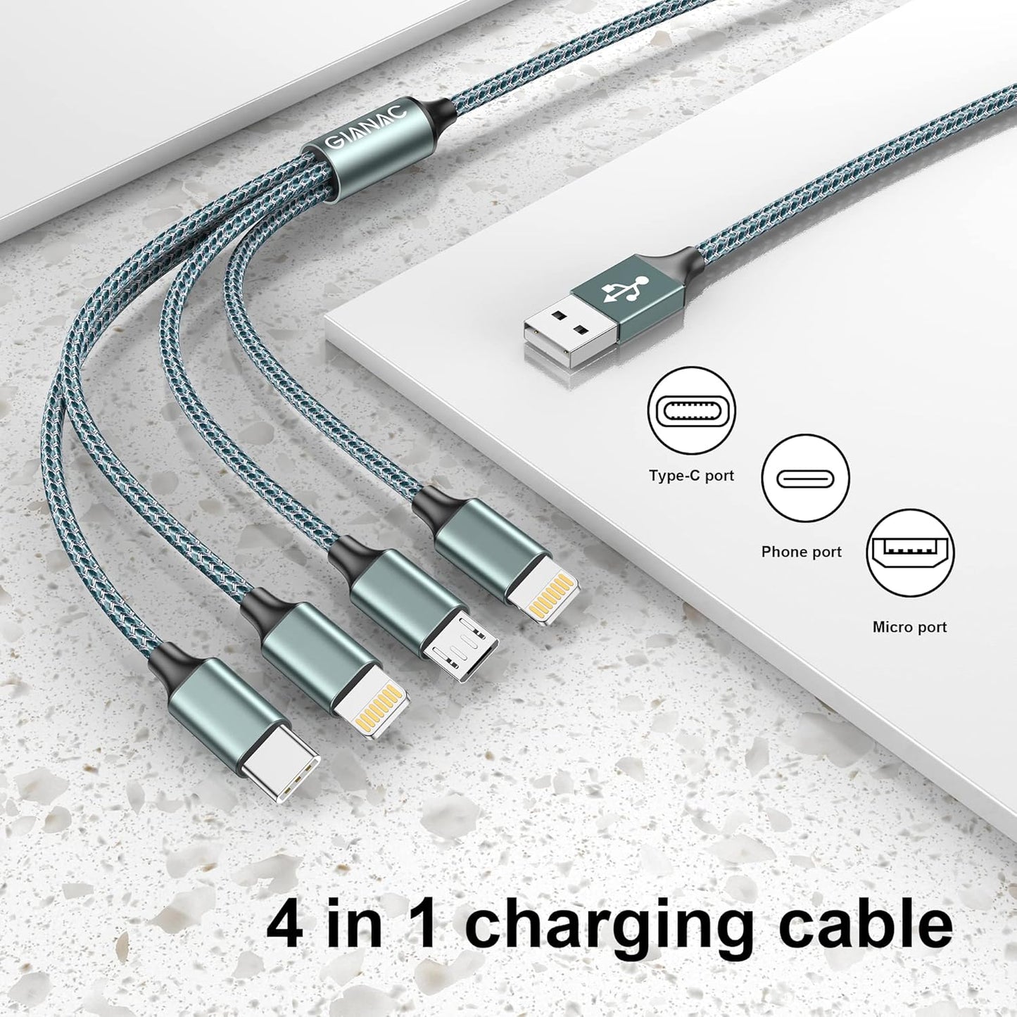 Multi Charger Cable, 4 in 1 Charger Cable [1.2M] Multiple USB Cable Nylon Braided with Micro USB Type C Lightning Cable Connector for iPhone, Android Galaxy, Huawei, Nexus, Nokia,LG, Sony, PS4-Green