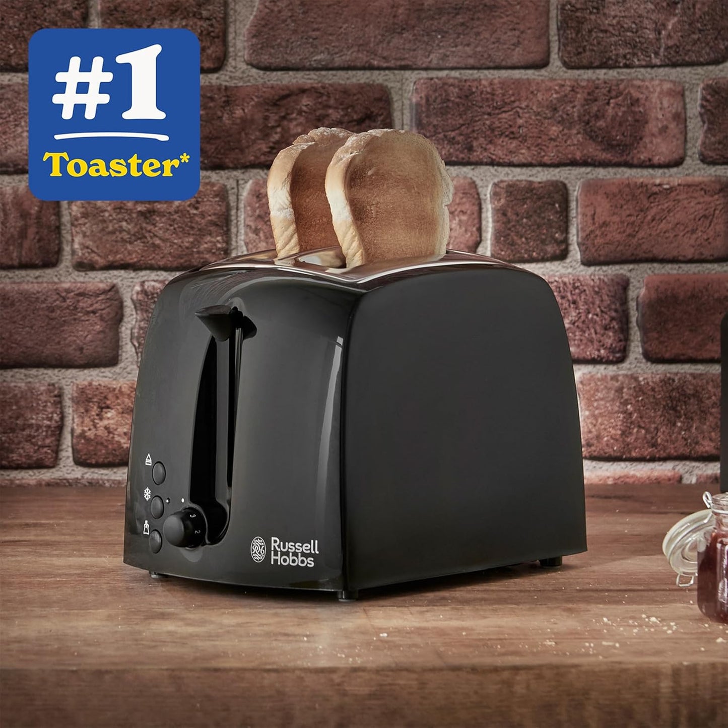 Russell Hobbs Textures 2 Slice Toaster (Extra Wide Slots, 6 Browning levels, Frozen, cancel & reheat function with indicator lights, Removable crumb tray, 850W, Black matt & high gloss finish)