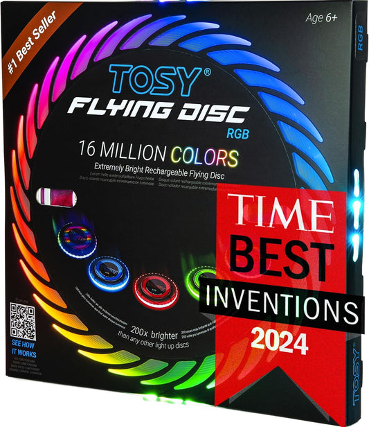 TOSY Flying Disc - 16 Million Color RGB LEDs, Extremely Bright, Smart Modes, Auto Light Up, Rechargeable, Waterproof, Birthday, Camping Gift, 175g Frisbee