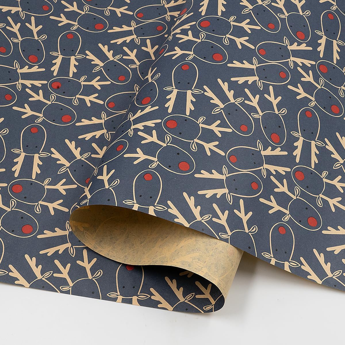 Christmas Wrapping Paper Roll – 15M x 43cm Blue Kraft Gift Wrap with Festive Elk Pattern, Recyclable Xmas Wrapping Paper for Holiday, Party & Christmas Decorations