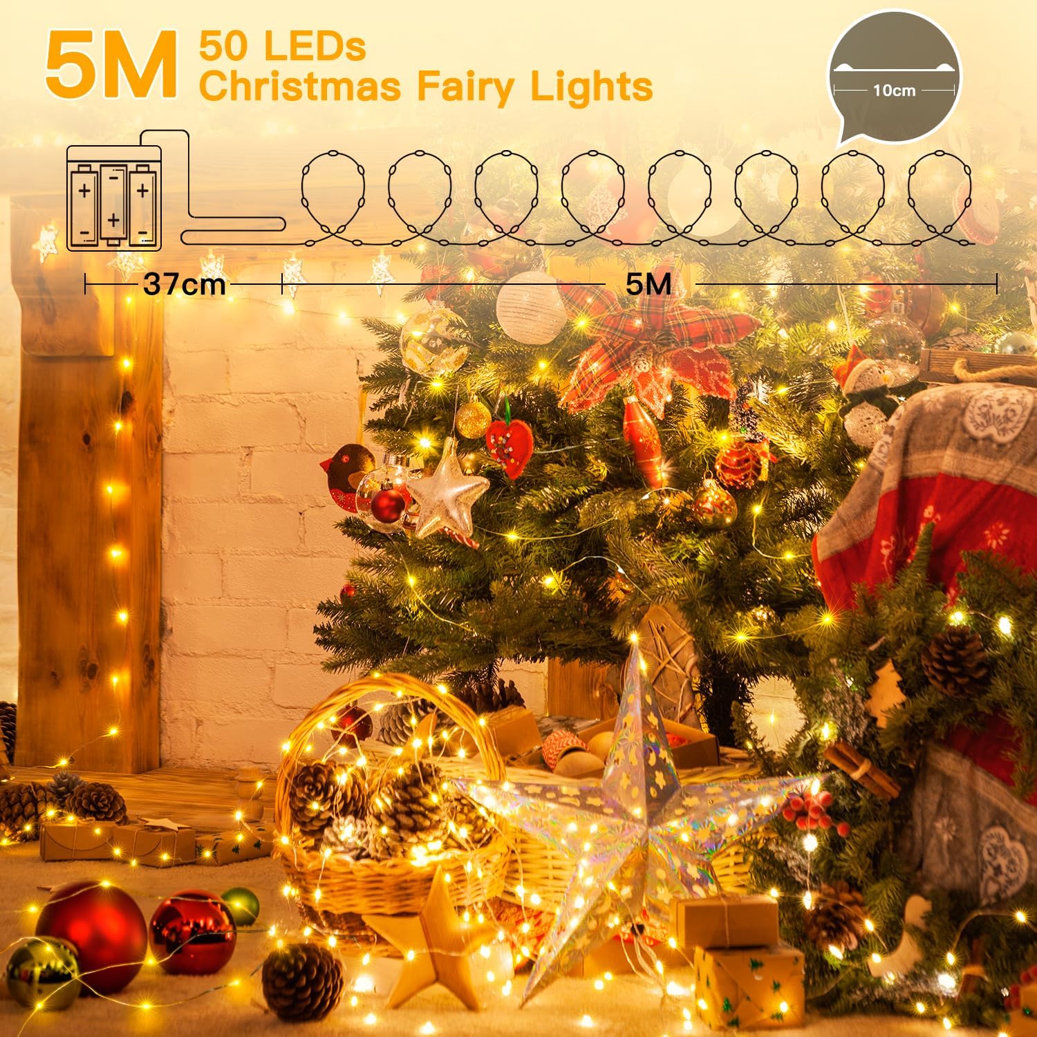 Ollny 5m 50 LED Fairy Lights Battery Operated, Bright Waterproof Copper Wire String Light for Indoor Outdoor Lighting, Christmas Tree Bedroom Outside Party Bottle Wedding Decorations (Warm White)