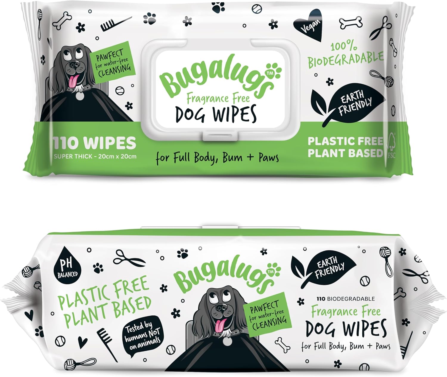 BUGALUGS Dog Wipes, 100% Plastic Free Biodegradable pet wipes for full body, eye wipes, ear wipes, bum & paws. 110 sensitive dog grooming wipes for dogs, puppy & cat grooming (Fragrance Free)