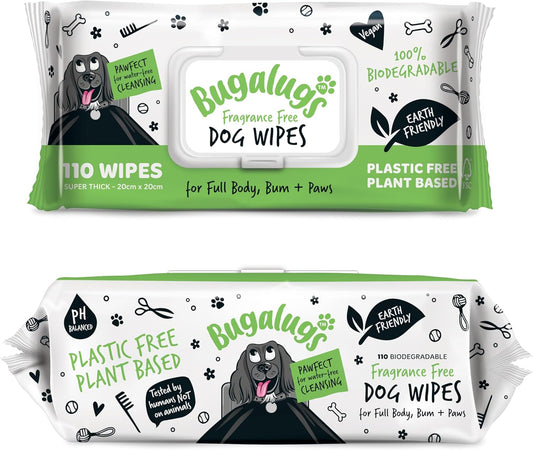 BUGALUGS Dog Wipes, 100% Plastic Free Biodegradable pet wipes for full body, eye wipes, ear wipes, bum & paws. 110 sensitive dog grooming wipes for dogs, puppy & cat grooming (Fragrance Free)