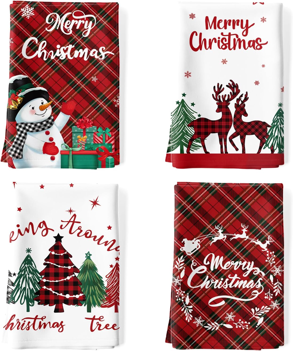 Arquiel 4 Pcs Snowman Kitchen Towel 100% Cotton Winter Absorbent Dish Towel 70 x 48 cm Housewarming Christmas Tree Decorative Hand Towel for Dining Home