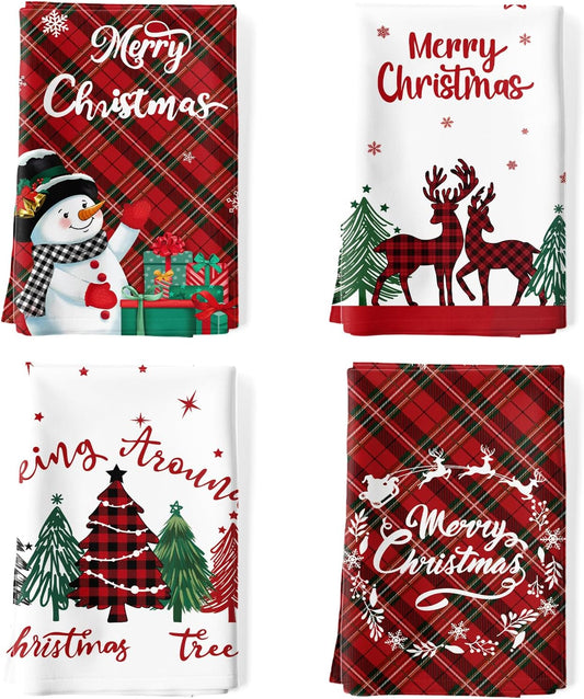Arquiel 4 Pcs Snowman Kitchen Towel 100% Cotton Winter Absorbent Dish Towel 70 x 48 cm Housewarming Christmas Tree Decorative Hand Towel for Dining Home