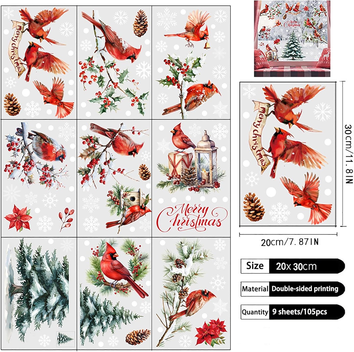 OPUHOHR Christmas Cardinal Window Clings, Christmas Red Birds Window Stickers, Xmas Decals Decorations 2025 New Year Christmas Holiday Living Room Home Kitchen Decor