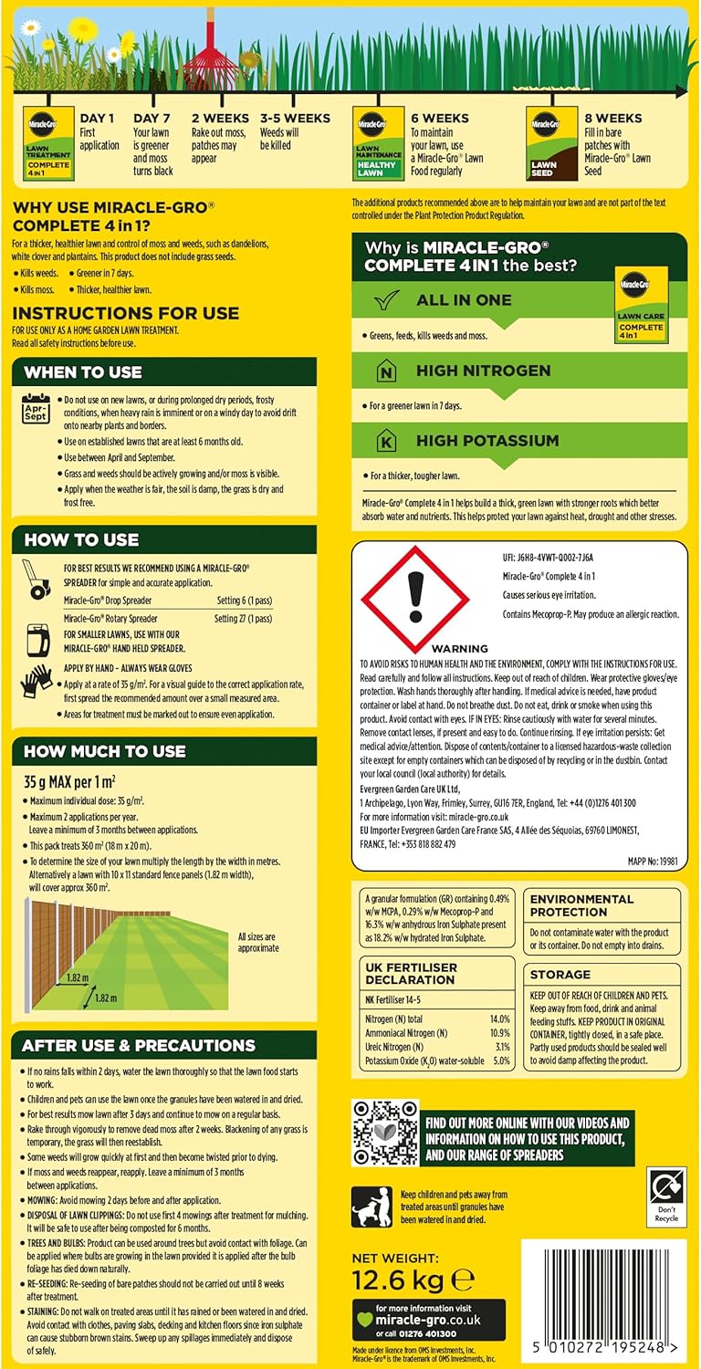 Miracle-Gro Evergreen Complete 4-in-1 Lawn Food, Weed & Moss Control, 360 m2, Yellow