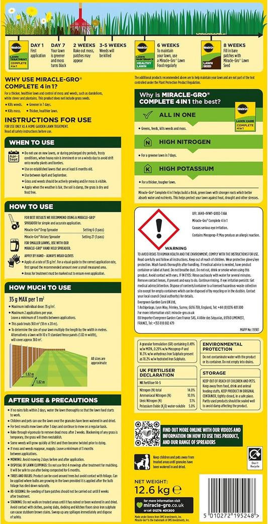 Miracle-Gro Evergreen Complete 4-in-1 Lawn Food, Weed & Moss Control, 360 m2, Yellow