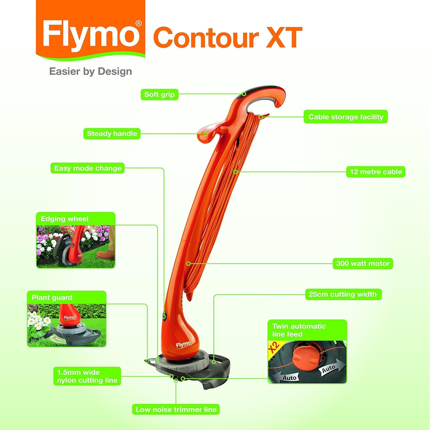 Flymo Contour XT Electric Grass Trimmer and Edger, 300 W, Cutting Width 25 cm