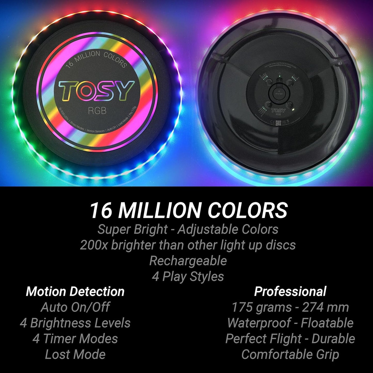 TOSY Flying Disc - 16 Million Color RGB LEDs, Extremely Bright, Smart Modes, Auto Light Up, Rechargeable, Waterproof, Birthday, Camping Gift, 175g Frisbee