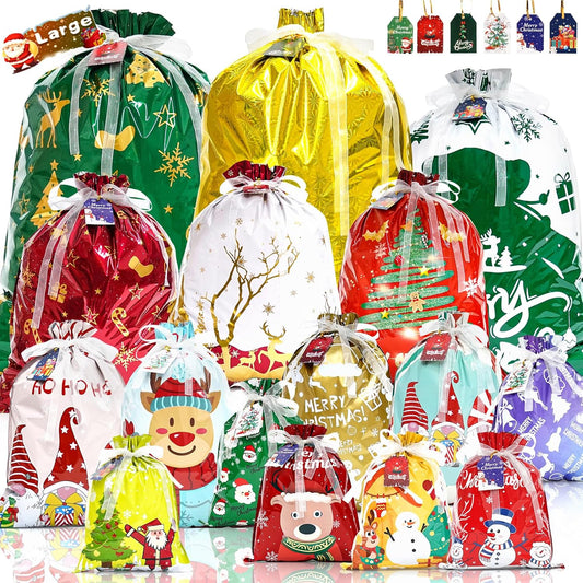 Christmas Drawstring Gift Bags, 32Pcs Xmas Wrapping Bags Large Medium Small for Presents with 32Pcs Tags for Birthday Holiday Party