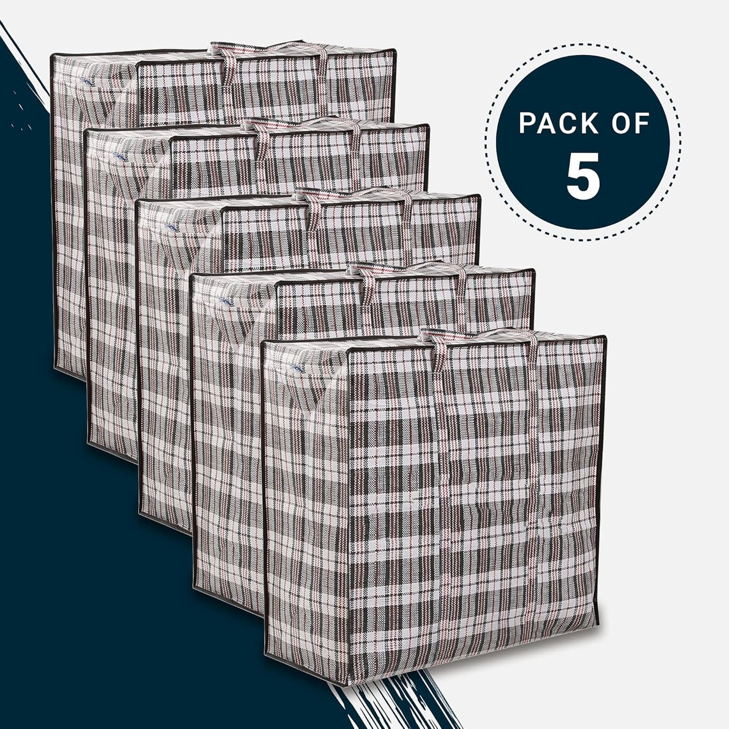 Zuvo Large Laundry Bags with Zip (5-Pack) - Waterproof, Durable, Reusable Storage Solution for Packing, Better than Moving Boxes, 60x50x25 cm