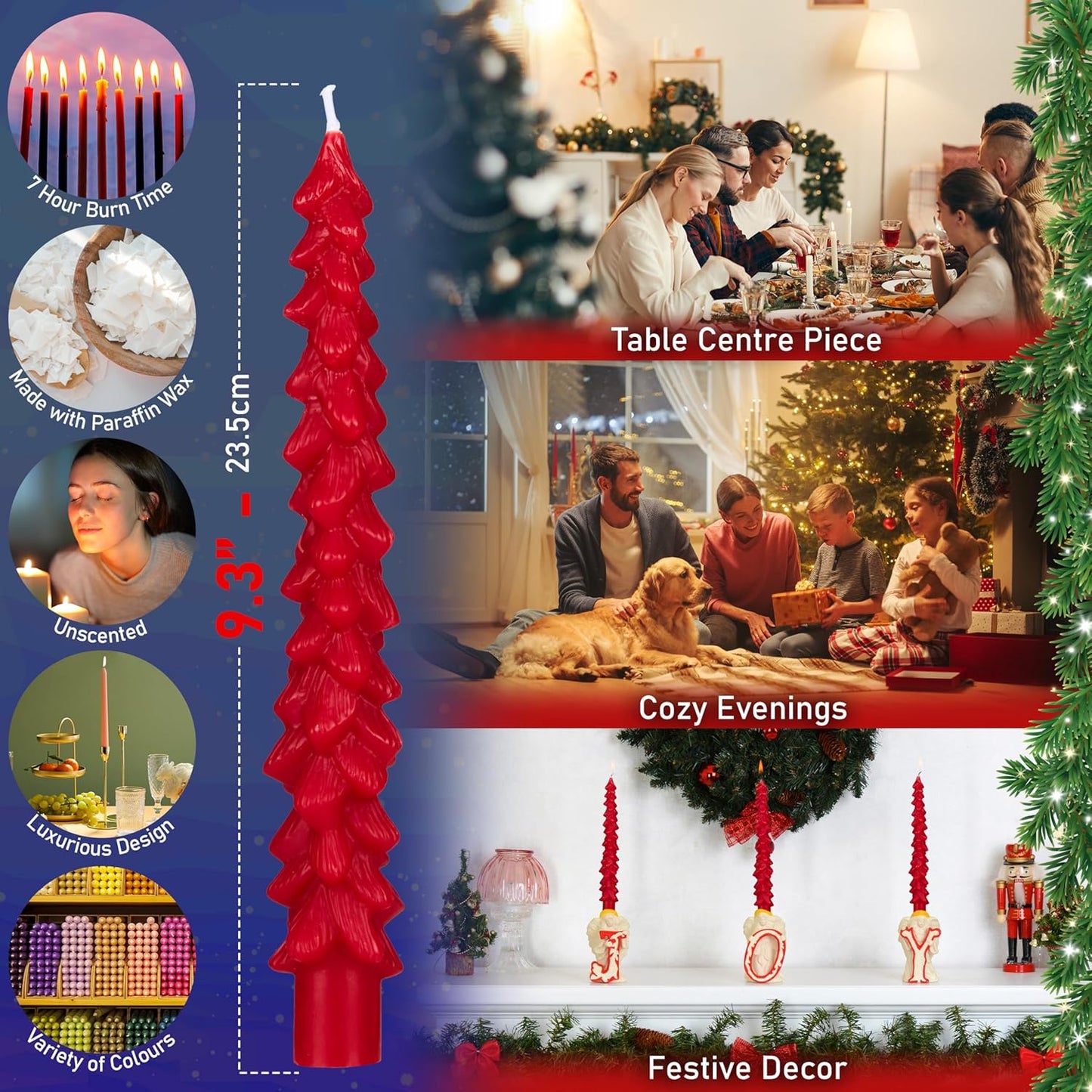 Deco Express Christmas Tree Candles Set of 3 or 6, Dinner Candles 7 Hr Burn, Table Centrepiece Festive Decor Xmas Holiday, Gift Set Home Decoration (Red, 6 Pcs)