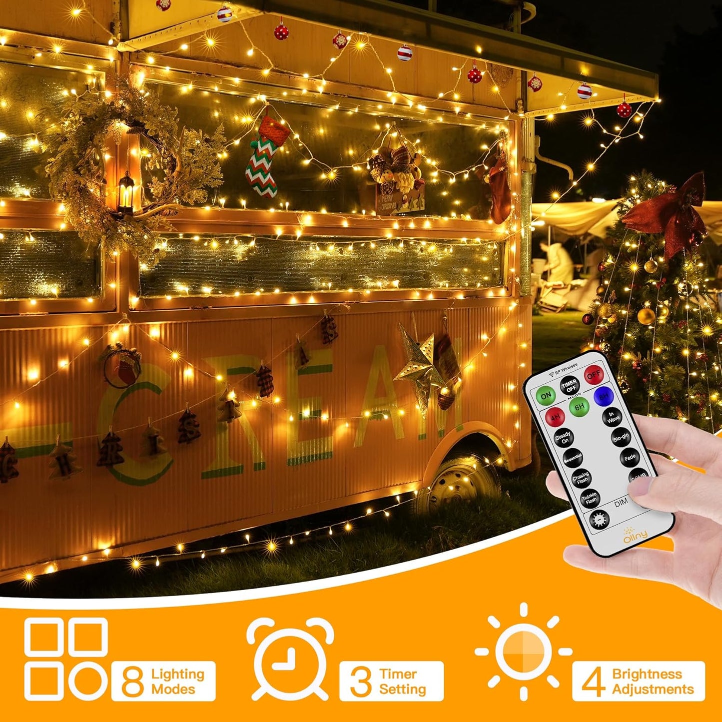 Ollny 10m 100 LED Fairy Lights Mains Powered, Outdoor Waterproof String Light with Remote/Plug/Modes/Timer, Bright Warm White Lighting Outside Indoor Garden Tree Decorations