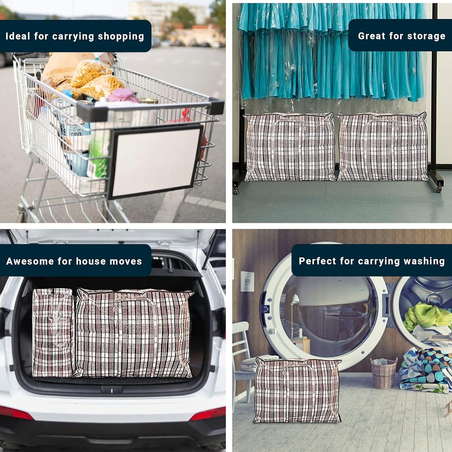 Zuvo Large Laundry Bags with Zip (5-Pack) - Waterproof, Durable, Reusable Storage Solution for Packing, Better than Moving Boxes, 60x50x25 cm