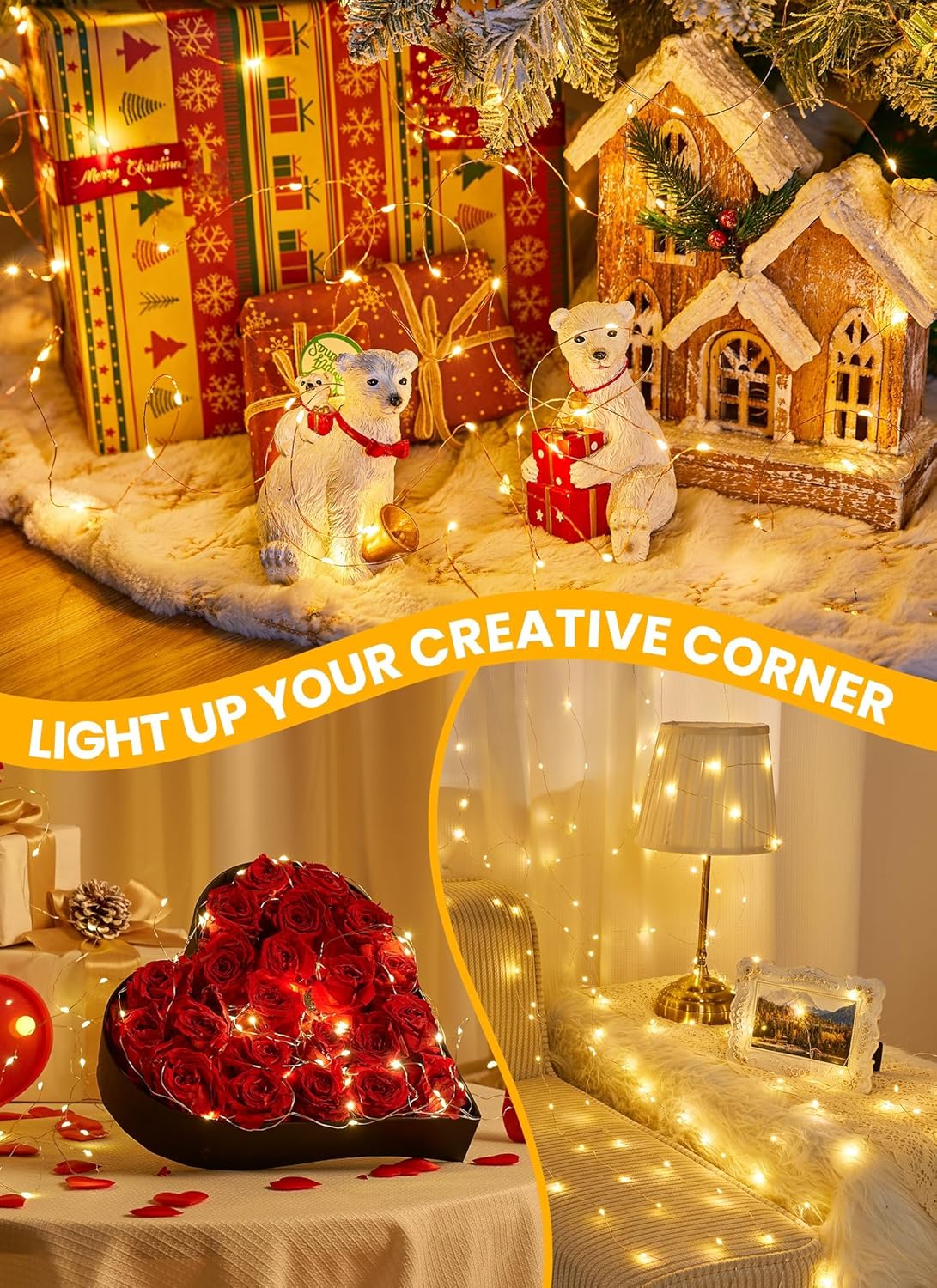 Bollengold 220LED Fairy Lights Mains Powerd with Remote & Timer - 8 Modes Christmas Lights Indoor Plug in, Waterproof Copper Wire Lights for Bedroom, Home, Garden(Warm White)