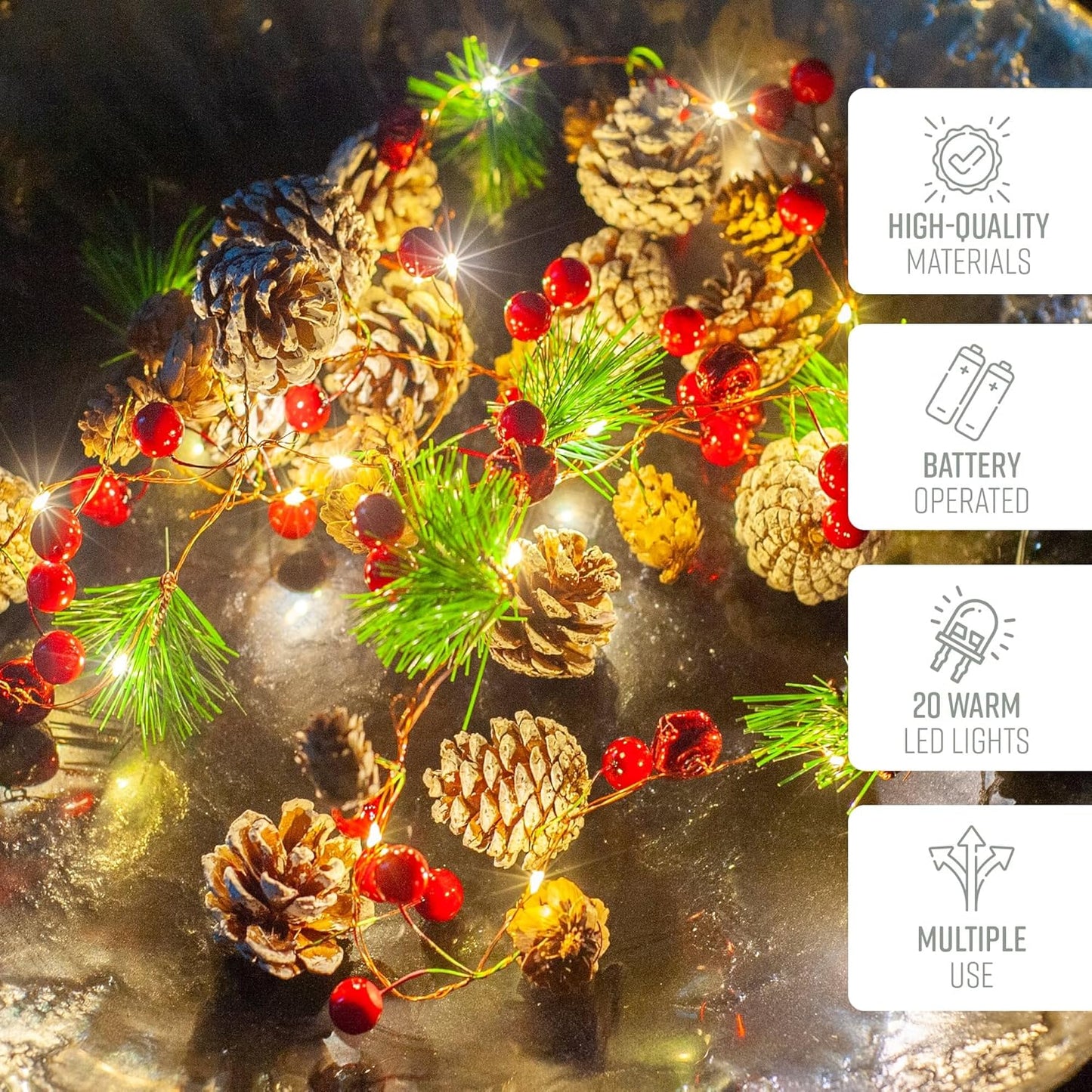 GloBrite Christmas Garland - 2M Pre-Lit Decoration with 20 LEDs for Fireplace, Indoor, and Stairs