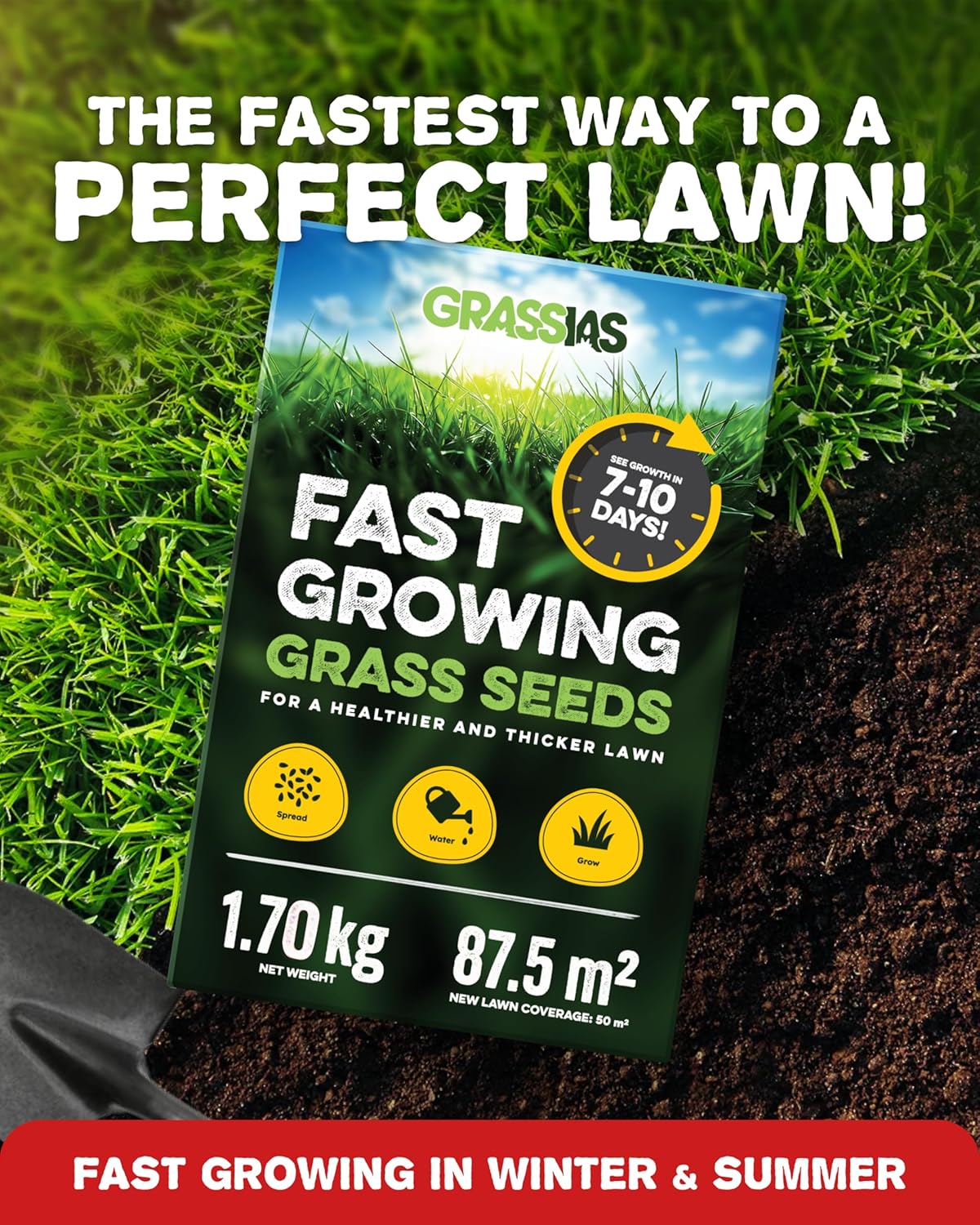 Grassias Fast Growing Grass Seed – 1.70KG Premium Quality Lawn Seed for Overseeding & New Lawns – Hard Wearing & Pet Friendly - Perfect for UK Lawns - Winter & Defra Approved