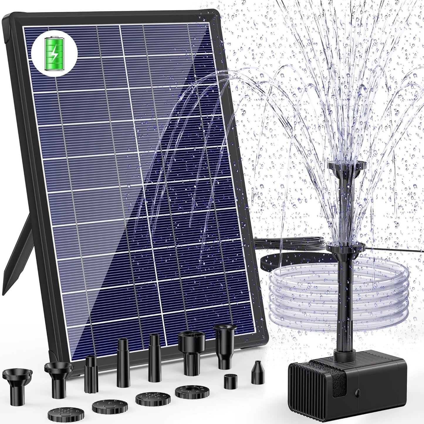 Biling Solar Water Pump with Battery Backup, 7.5W Solar Pond Fountain with 3600mAh Battery 10 Nozzles Solar Fountain with 5ft Tubing Water Features for Garden Ponds Pool Fish Tank Waterfall