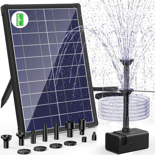 Biling Solar Water Pump with Battery Backup, 7.5W Solar Pond Fountain with 3600mAh Battery 10 Nozzles Solar Fountain with 5ft Tubing Water Features for Garden Ponds Pool Fish Tank Waterfall