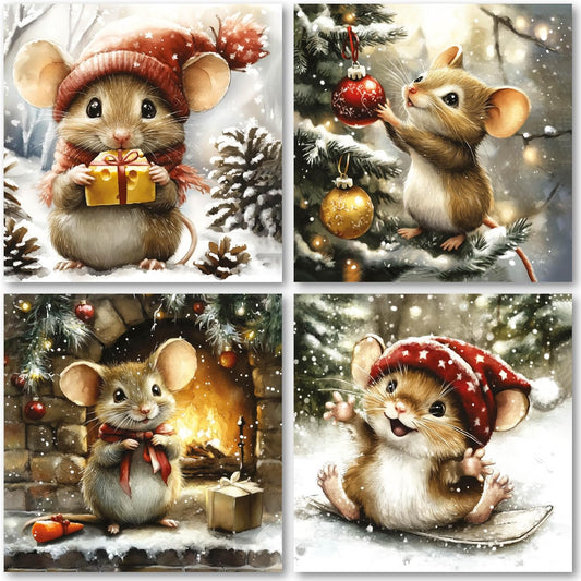 Charity Christmas Cards Pack of 32. Each Christmas Card multipack has 4 different Festive Mice designs. Ecofriendly and UK made. Verse Inside. Small 100 x 100mm card size.