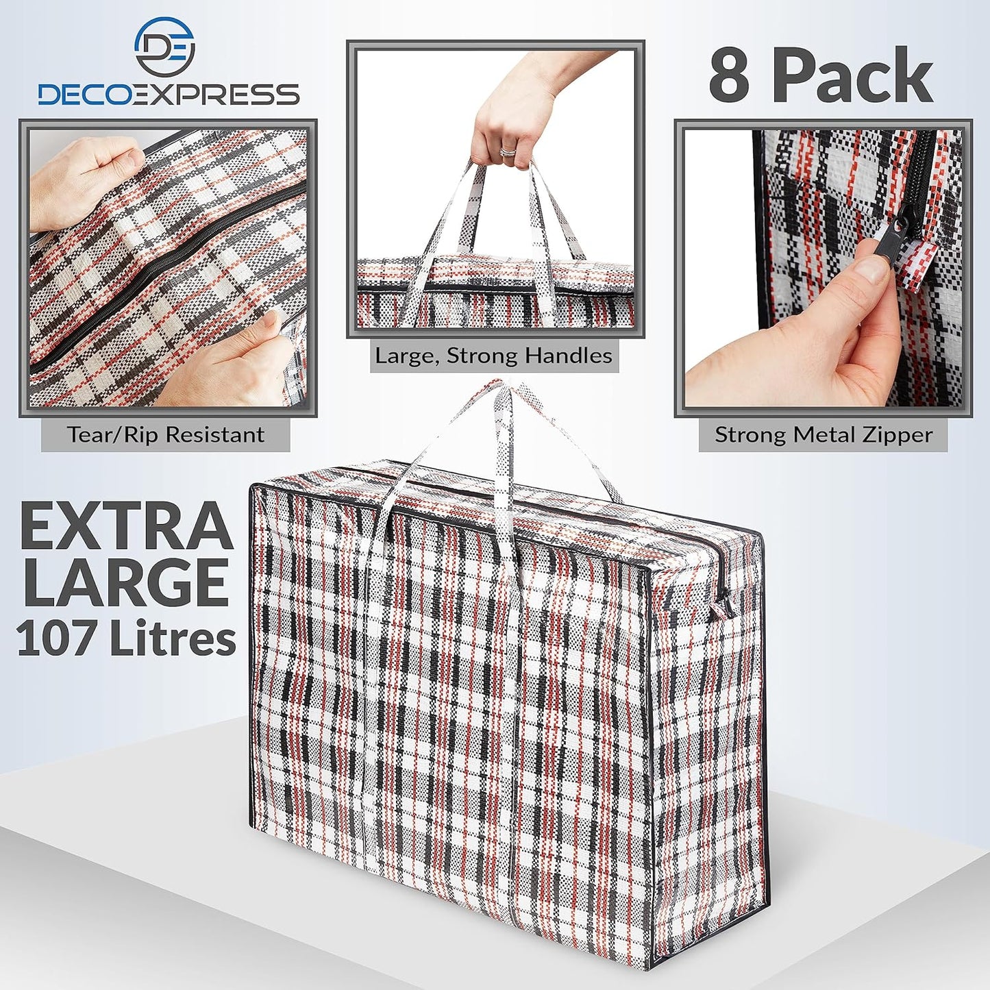 DECO EXPRESS Laundry Bags Large - Strong Durable Storage Bags for Moving House Shopping and Laundry - Jumbo Reusable Zip Bag Storage Bags XXL Multipack (Pack of 8)