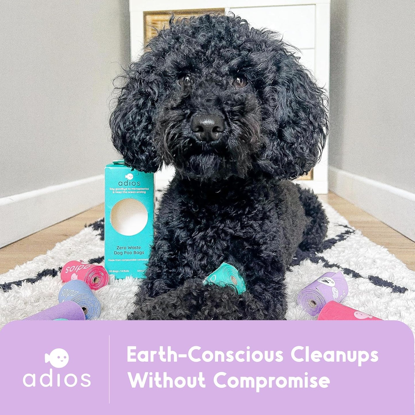 Adios - Compostable Dog Poop Bags, 120 Count (8 Rolls) - Rainbow Colours - Extra Thick, Leakproof, Odour Proof Dog Waste Bags - Made from Compostable Cornstarch - Easy Tear Rolls
