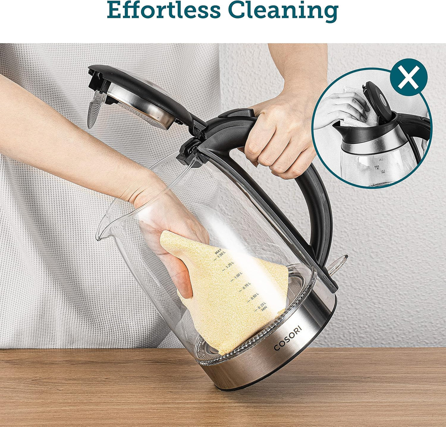 COSORI Electric Kettle – 3000W Fast Boil, 1.5L Glass Kettle with Stainless Steel Lid & Spout, BPA-Free, Quiet Operation, Smart Boil-Dry Protection – Black