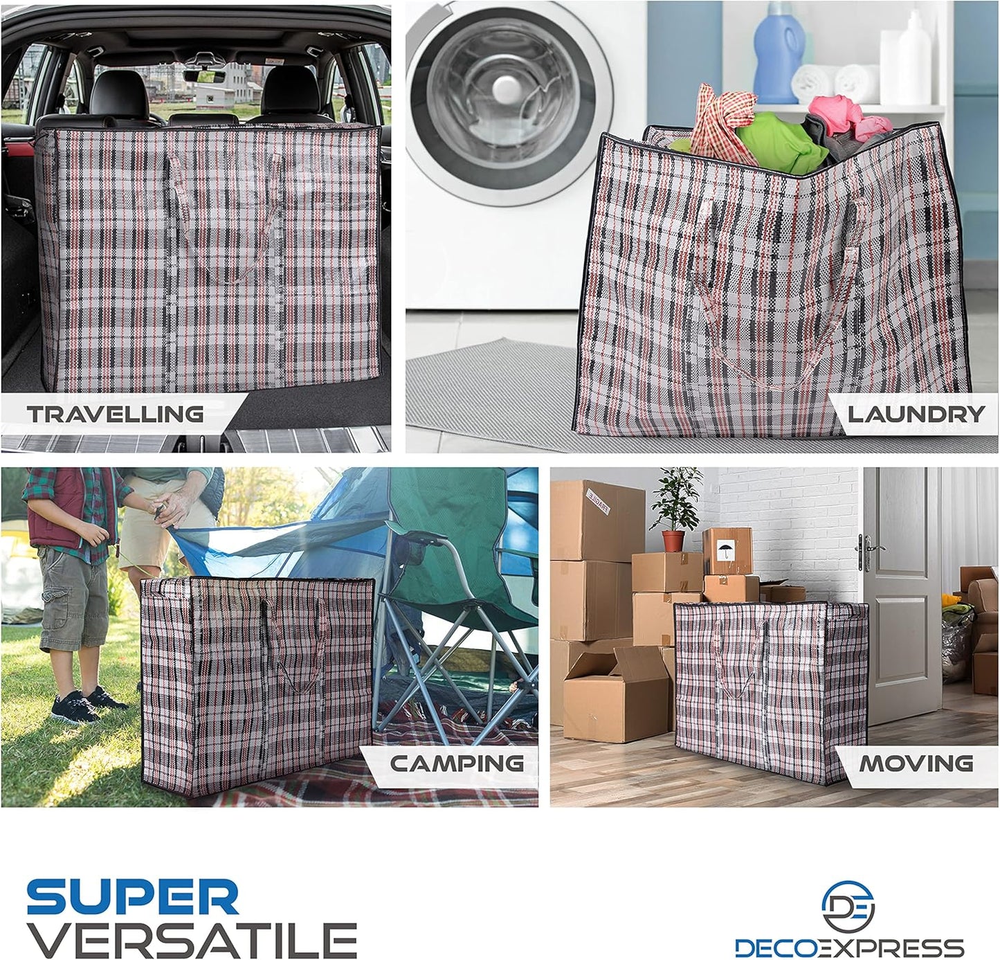 DECO EXPRESS Laundry Bags Large - Strong Durable Storage Bags for Moving House Shopping and Laundry - Jumbo Reusable Zip Bag Storage Bags XXL Multipack (Pack of 8)