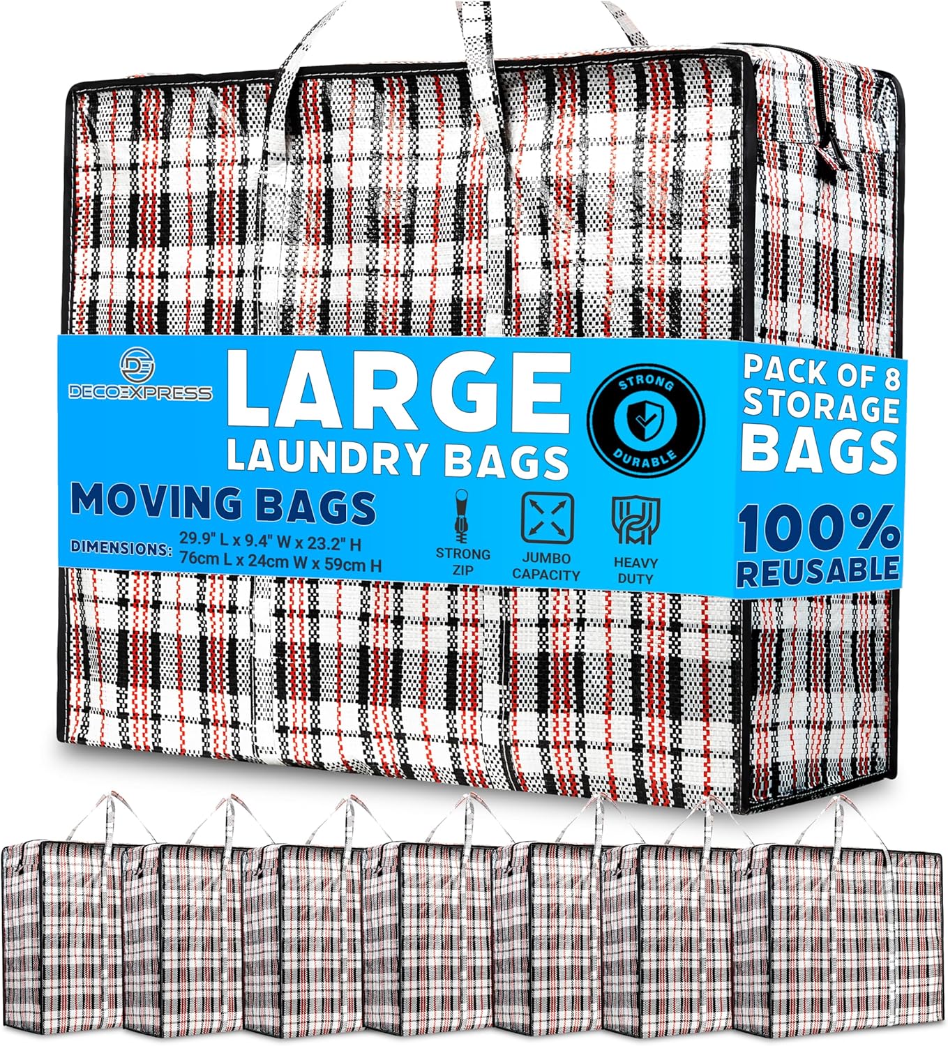 DECO EXPRESS Laundry Bags Large - Strong Durable Storage Bags for Moving House Shopping and Laundry - Jumbo Reusable Zip Bag Storage Bags XXL Multipack (Pack of 8)