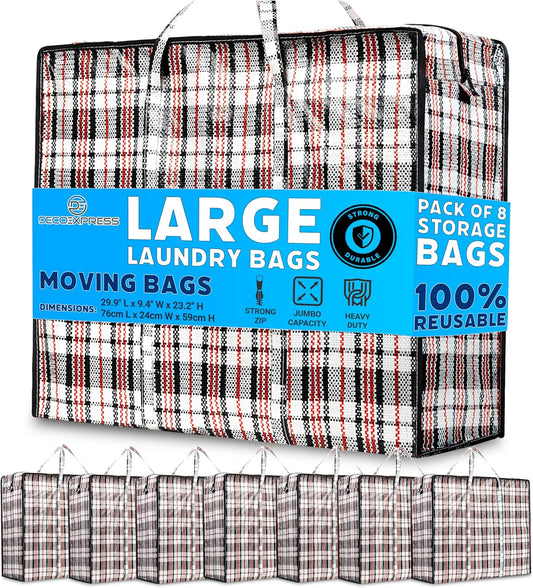 DECO EXPRESS Laundry Bags Large - Strong Durable Storage Bags for Moving House Shopping and Laundry - Jumbo Reusable Zip Bag Storage Bags XXL Multipack (Pack of 8)